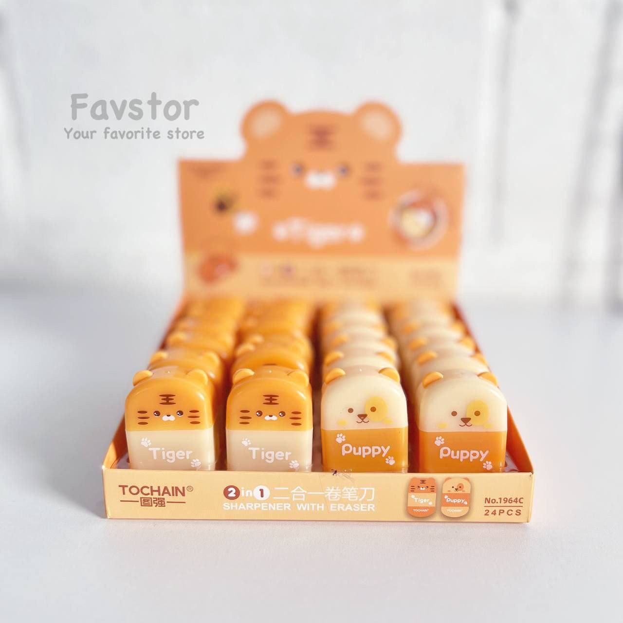 ست مداد تراش مخزن دار و پاک کن TOCHAIN طرح ببر کد 1964